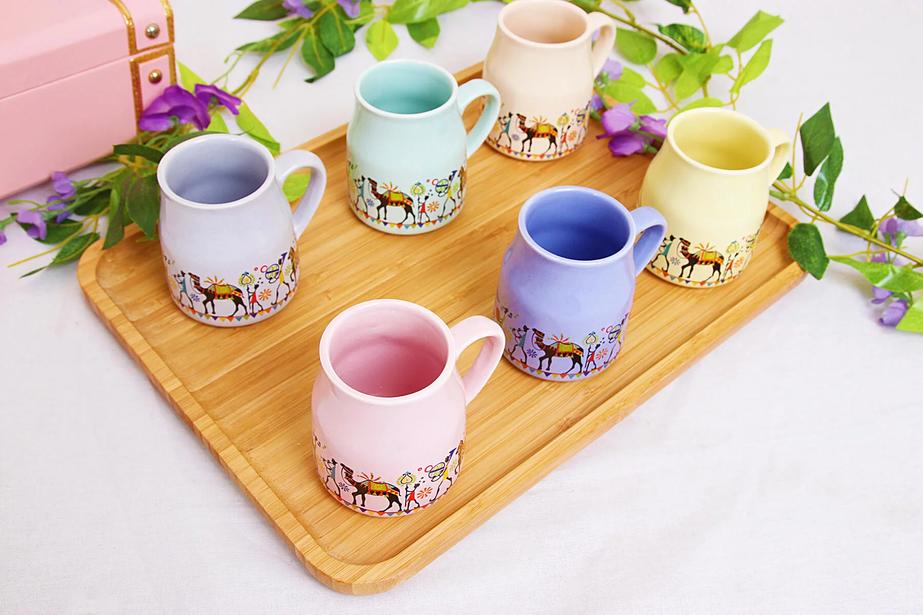 FLASK CHAI CUPS WITH ELEPHANT MOTIF (SET OF 6)