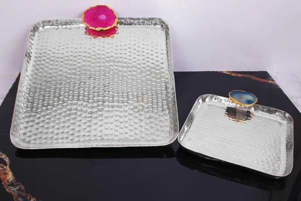 SILVER ROUNDED SQUARE AGATE STONE PLATTER