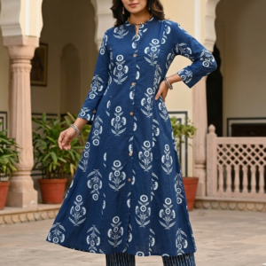 Indigo Floral A-Line Cotton Kurti Set with Striped Pants