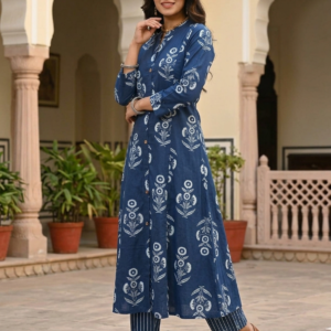 Indigo Floral A-Line Cotton Kurti Set with Striped Pants